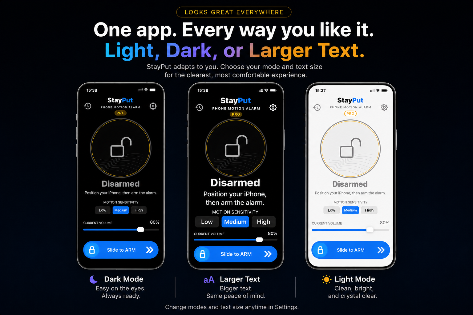 StayPut shown in Light Mode, Dark Mode and Larger Text display options.