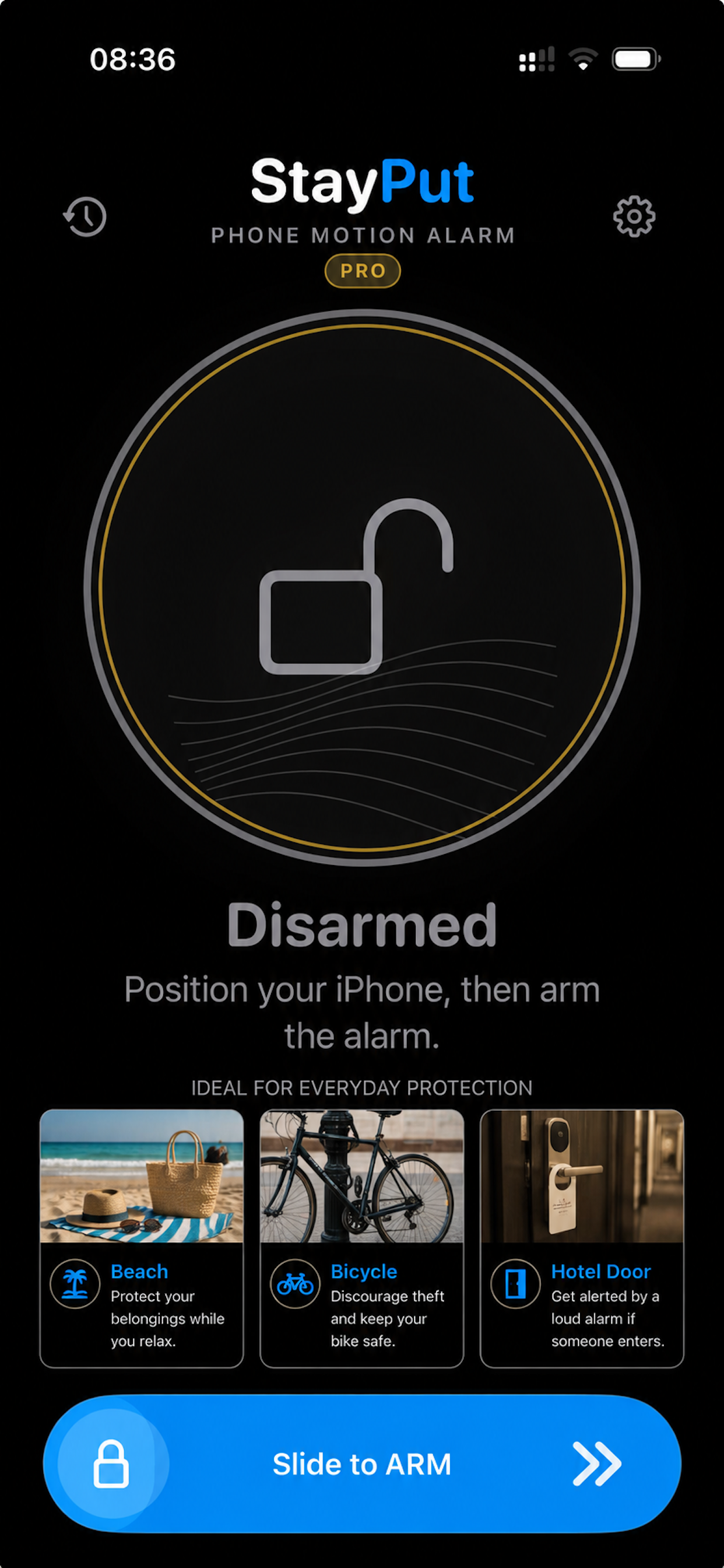 StayPut app screen showing the disarmed state and slide to arm control.