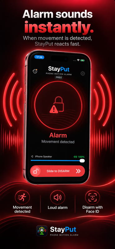 StayPut alarm sounding on an iPhone after movement is detected.