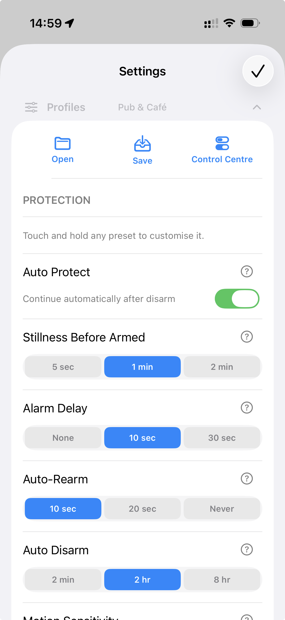 Profile settings on iPhone with Auto Protect enabled.