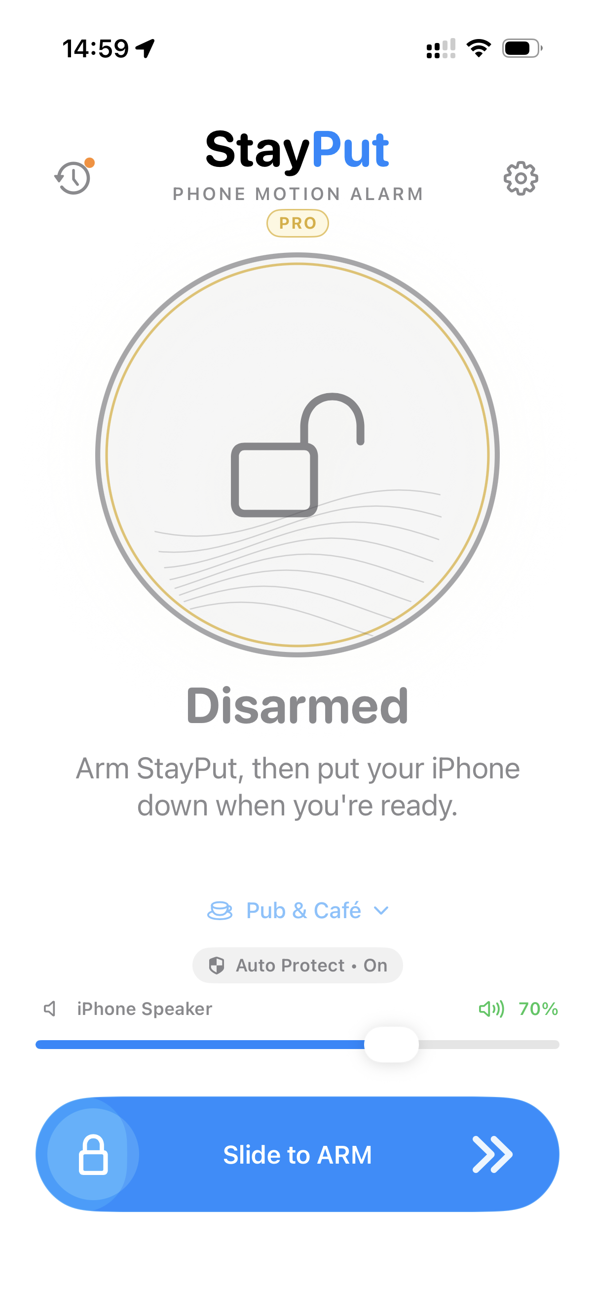 StayPut on iPhone returning to Waiting for Stillness after a trusted disarm.