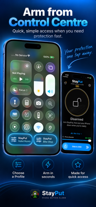 StayPut Arm control in iPhone Control Centre.