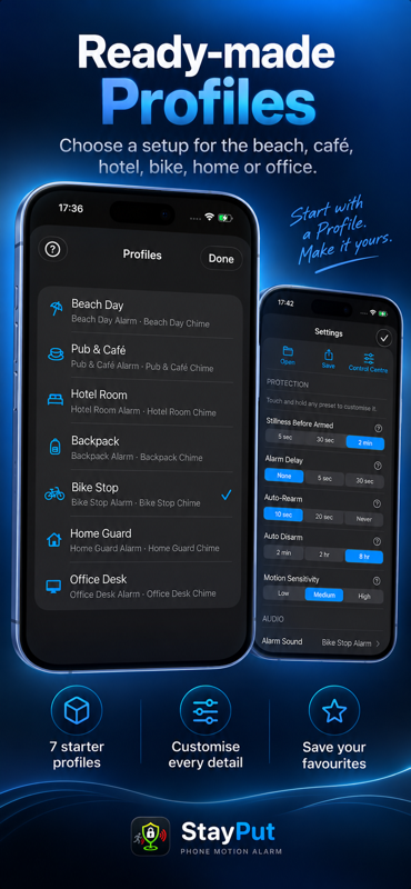 StayPut Profiles picker on iPhone showing Beach Day, Bike Stop, Hotel Room and more.
