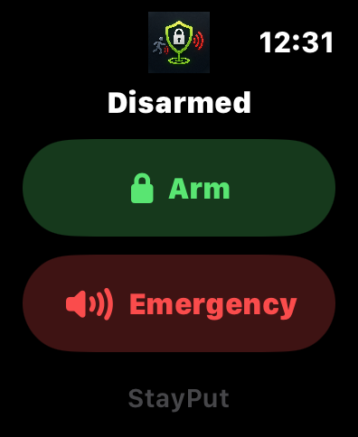 StayPut Apple Watch app showing the Arm control.